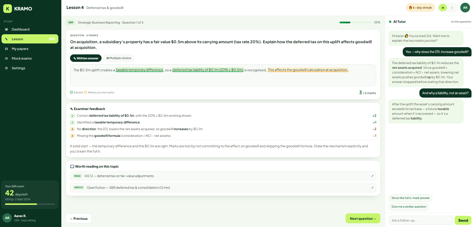 KRAMO study cabinet — a written ACCA answer marked like the examiner, with feedback, references and an AI tutor